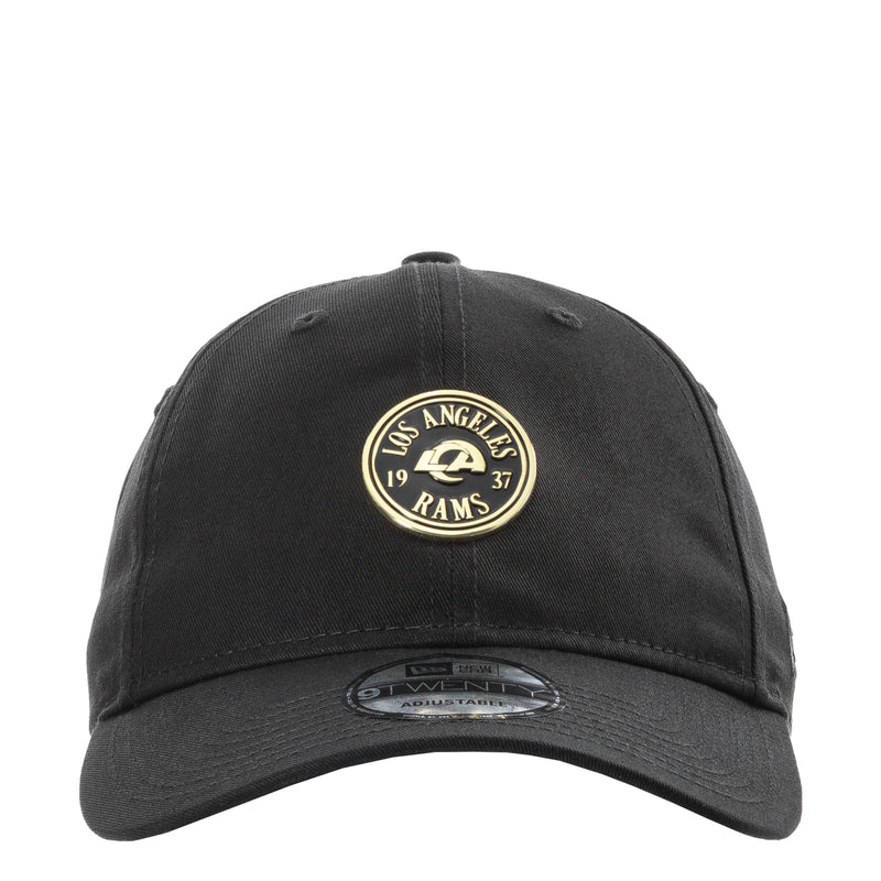 Black baseball cap with gold circular Rams badge on the front