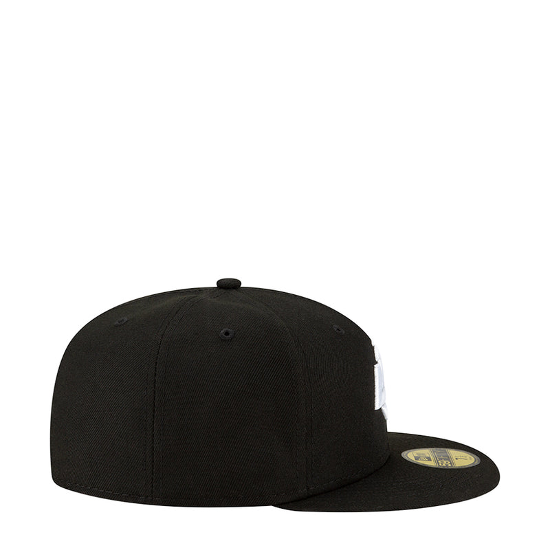 Black baseball cap side view with small white logo near the brim.