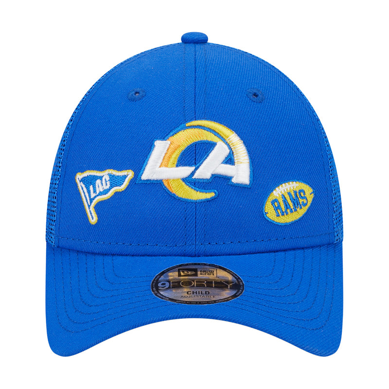 Kids blue trucker cap with front Rams logos and adjustable snapback