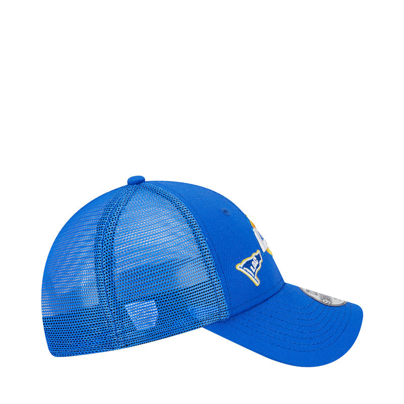 Blue mesh back trucker cap with stitched Rams logo on side