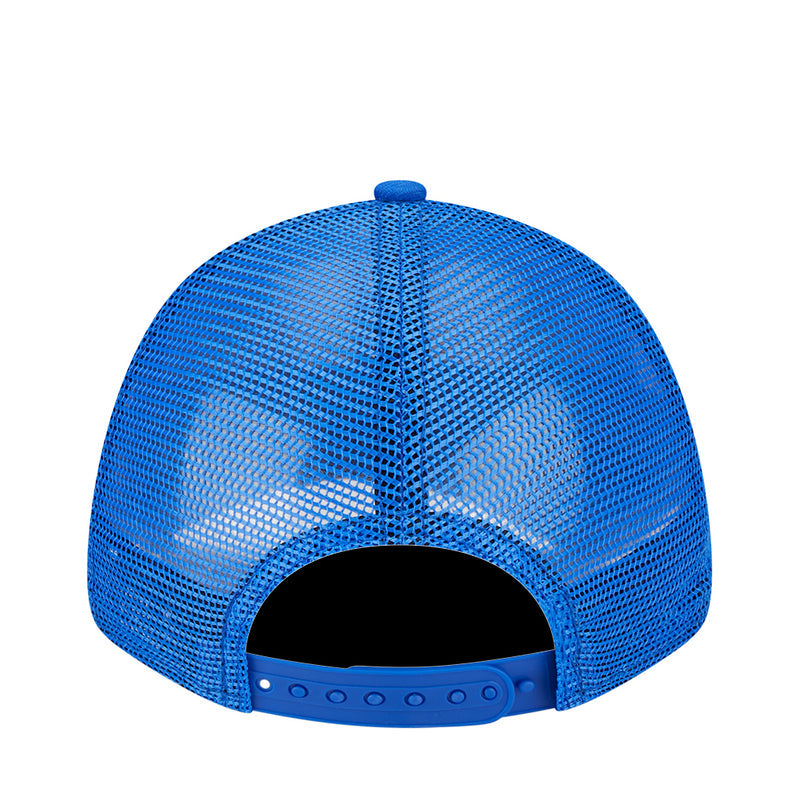 Blue mesh back baseball cap with snapback strap and curved brim