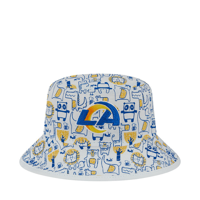 Kids bucket hat with blue and yellow robot pattern, wide brim