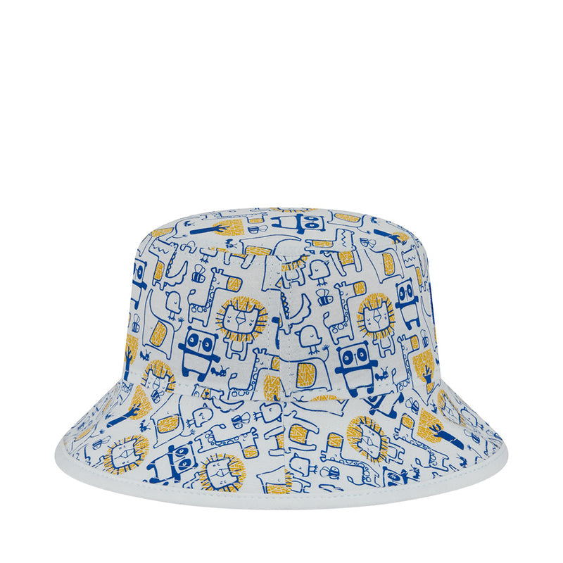 Kids blue-and-yellow robot print bucket hat, wide brim