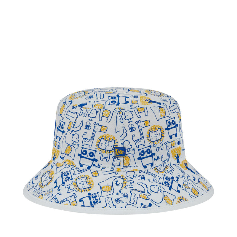 Kids white bucket hat with colorful robot icons, wide brim