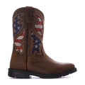 Men's brown cowboy boots with American flag embroidery, black rubber sole