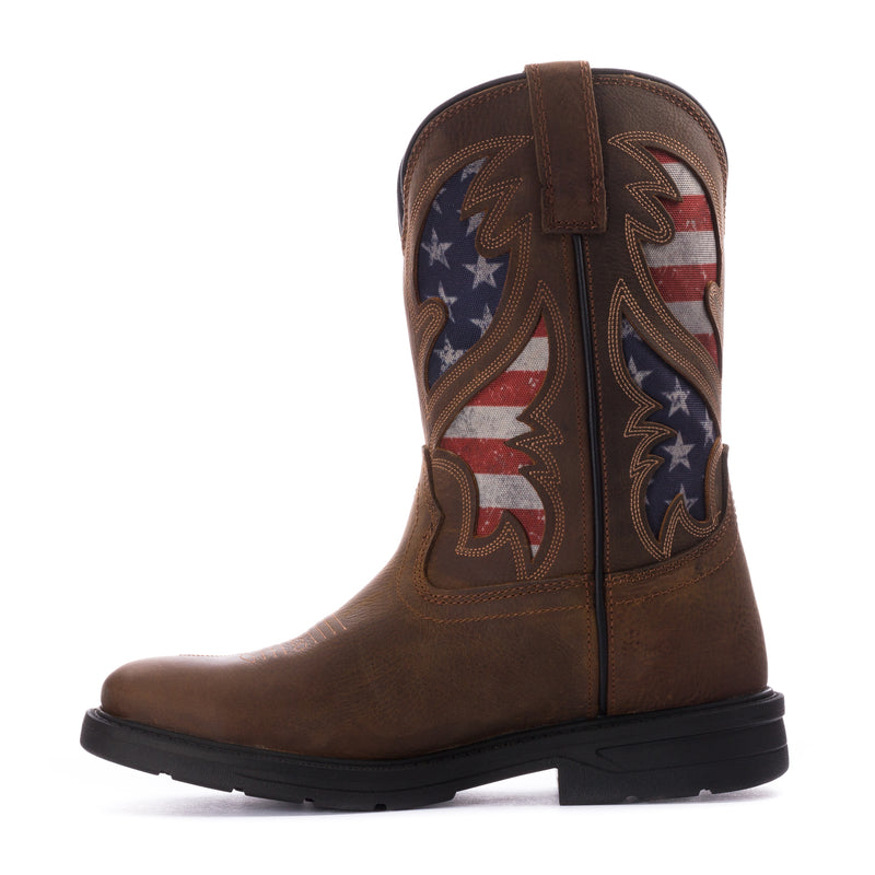 Men's brown cowboy boots with American flag embroidery on shaft, black sole
