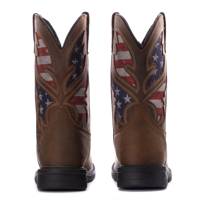 Back view of men's brown cowboy boots with American flag embroidery and black heel