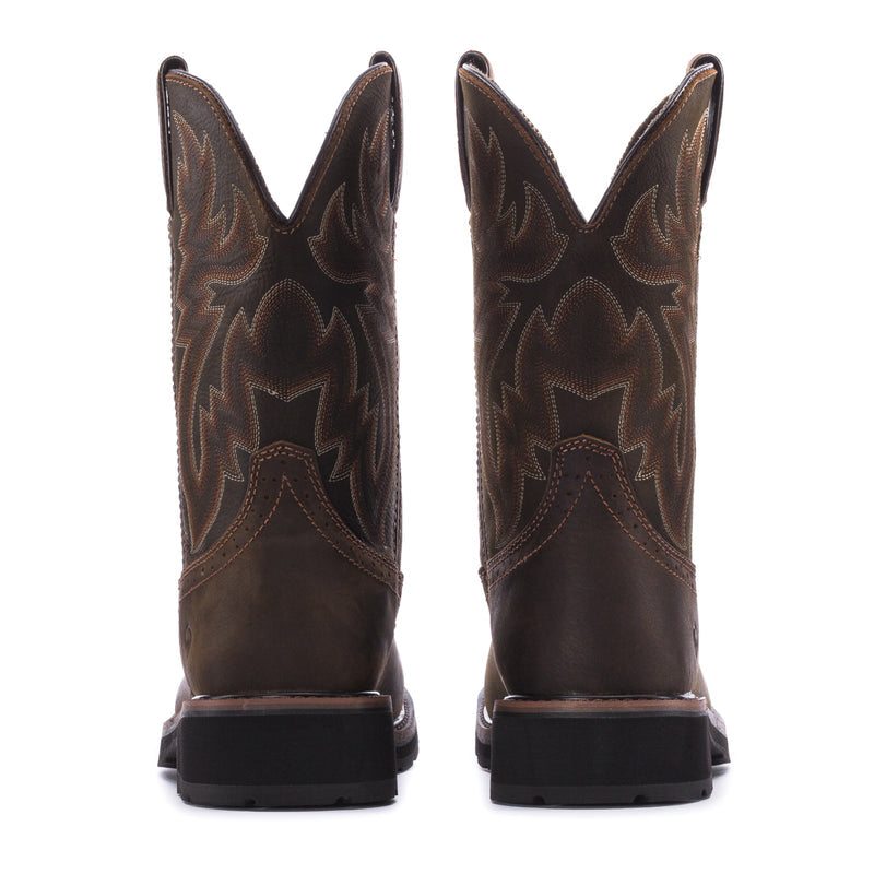 Men's dark brown cowboy boots, back view, embroidered shaft and block heel outsole