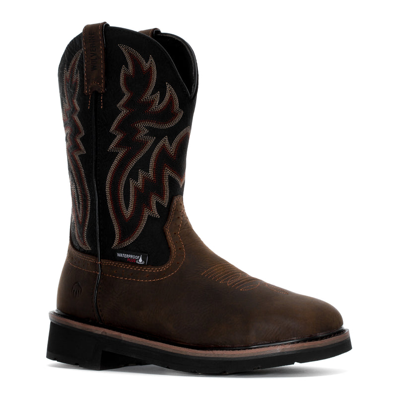 Men’s rancher steel toe work boot side view, dark brown leather and black flame stitching