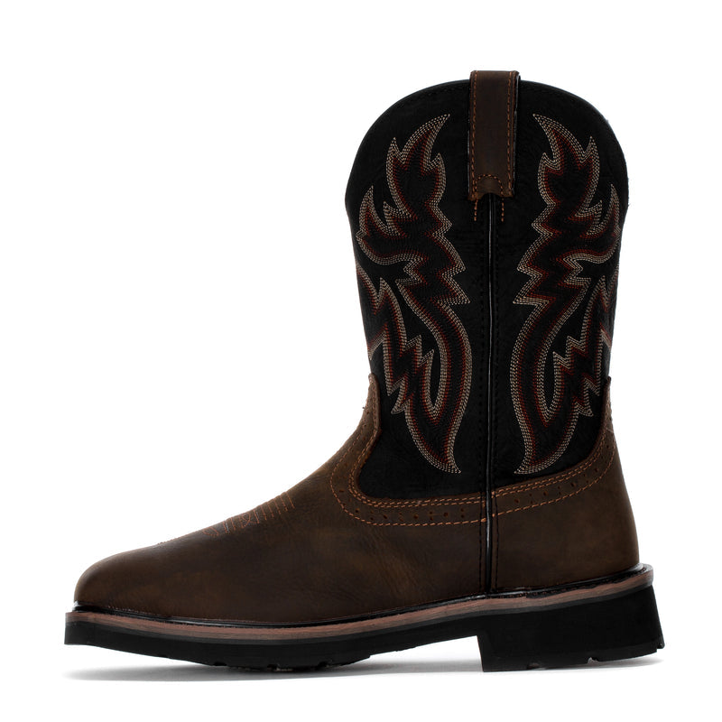 Men’s rancher steel toe work boot front view with dark brown shaft and flame embroidery
