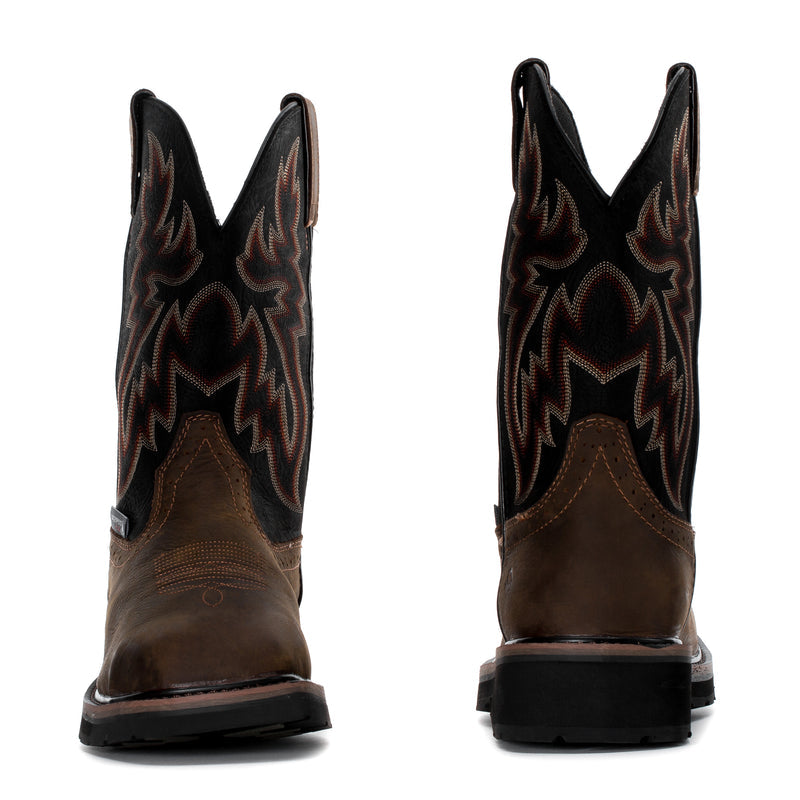 Men’s rancher steel toe work boots back view pair, dark brown with black flame details