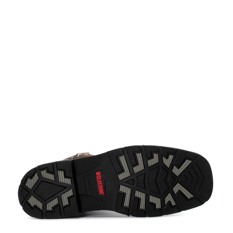 Men’s rancher steel toe work boot outsole with rugged black tread and red logo