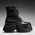 Black leather boot with thick sole on a gradient background
