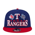 Two-tone baseball cap with navy crown, red brim, and front Rangers logo patch.