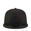 Black baseball cap with embroidered front logo and curved brim