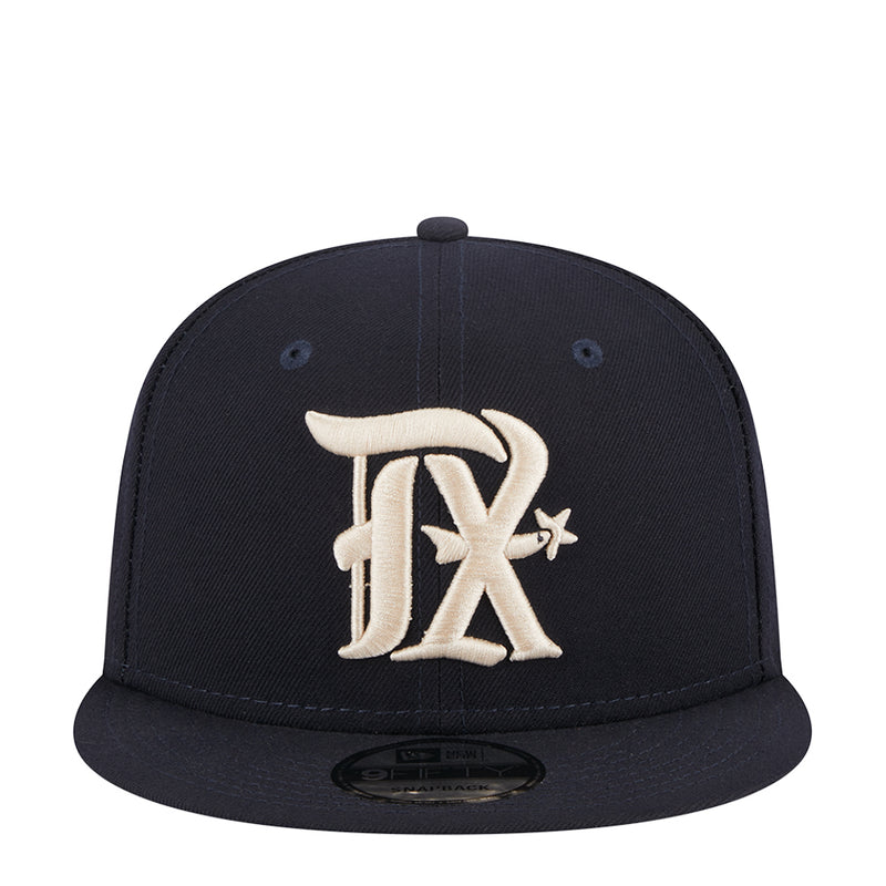Navy junior baseball cap with large embroidered Rangers-style logo on front panel