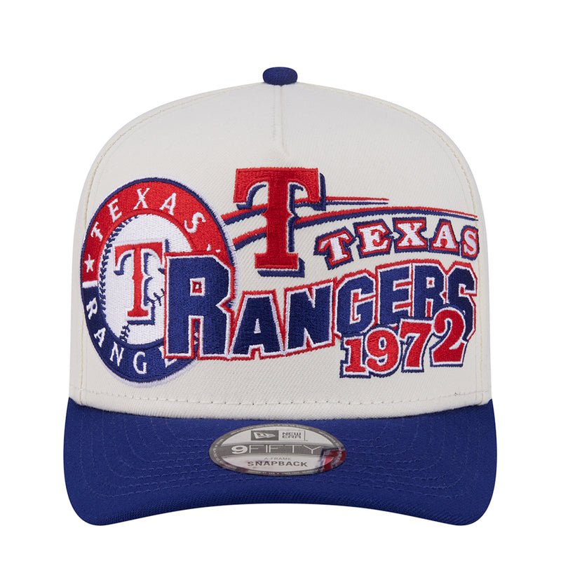 Two-tone A-frame baseball cap in cream and navy with embroidered front logo