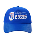 Blue strapback baseball cap with embroidered Texas Rangers logo on front panel