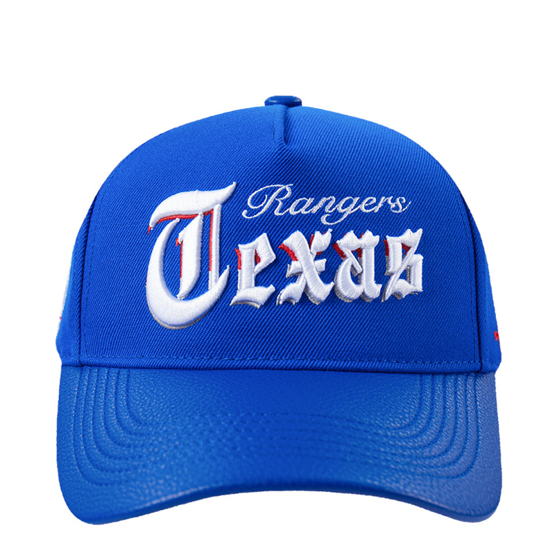 Blue strapback baseball cap with embroidered Texas Rangers logo on front panel