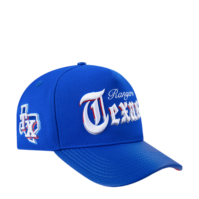 Blue Texas Rangers cap with side embroidery and curved brim, strapback closure