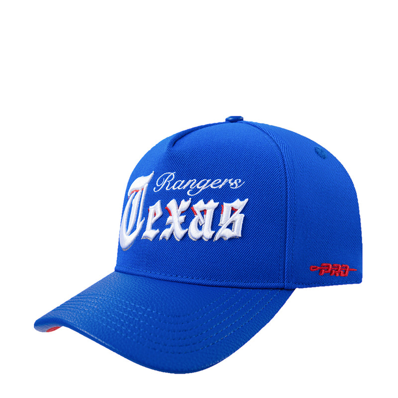 Blue Texas Rangers baseball cap with embroidered front logo and small side patch