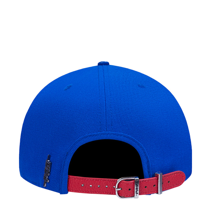Blue strapback cap with adjustable red leather-look belt and metal buckle