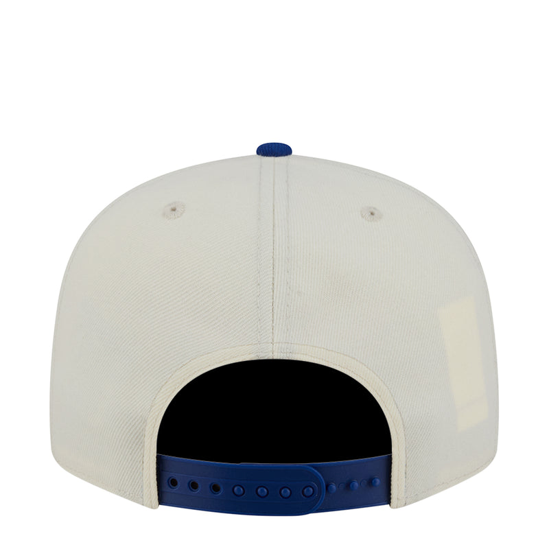 Two-tone baseball cap in light gray and blue, back view with snapback closure
