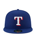 Royal blue baseball cap with white-and-red T team logo on front