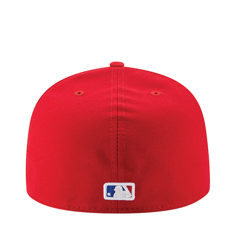 Red 59FIFTY baseball cap with small MLB logo patch on the back