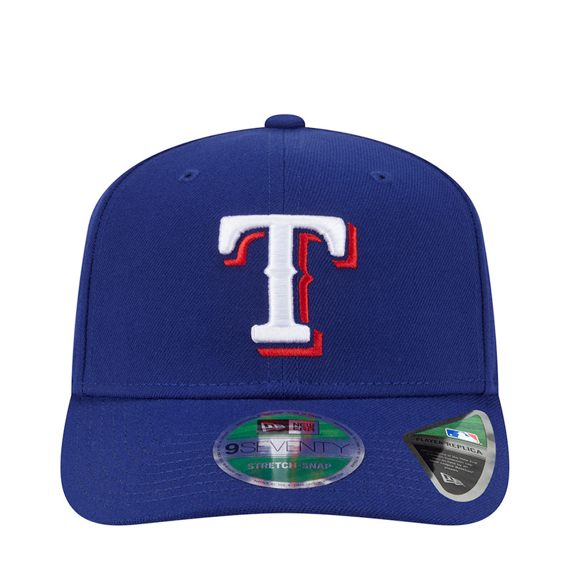 Blue baseball cap with embroidered T logo and snapback closure