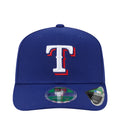 Blue baseball cap with embroidered T logo and snapback closure