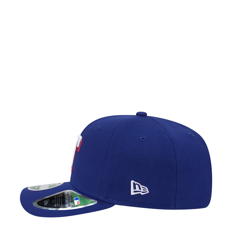 Blue baseball cap front view with New Era logo and team emblem on brim