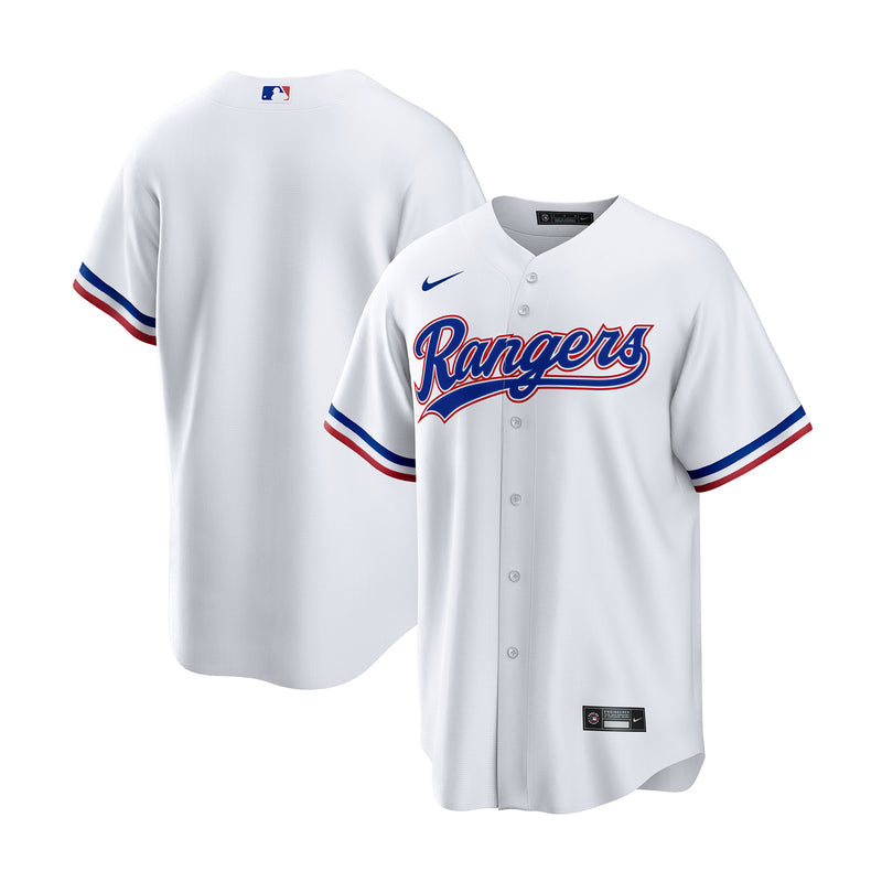 Men's white baseball home jersey with Rangers logo, Nike swoosh, button placket