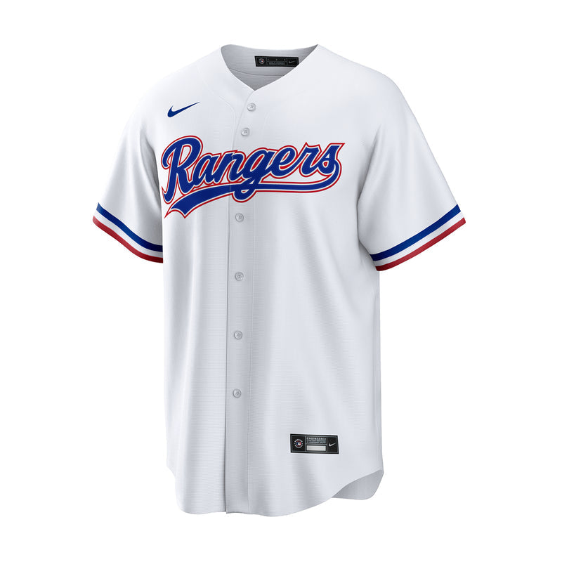 Men's white baseball home jersey, Rangers logo front, blue-red sleeve stripes