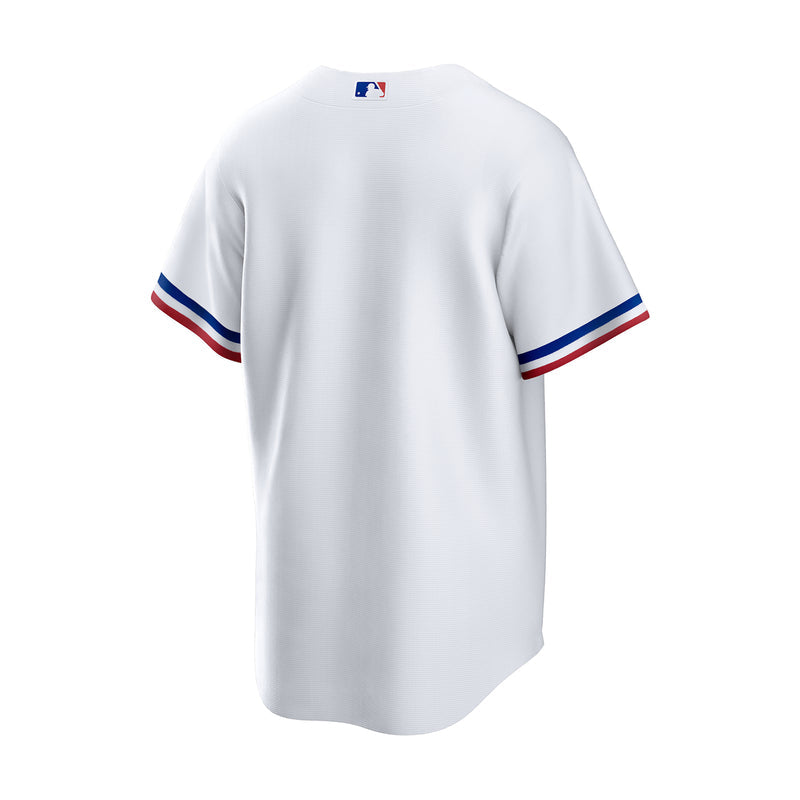 Men's white baseball home jersey with blue-red sleeve stripe and small league mark