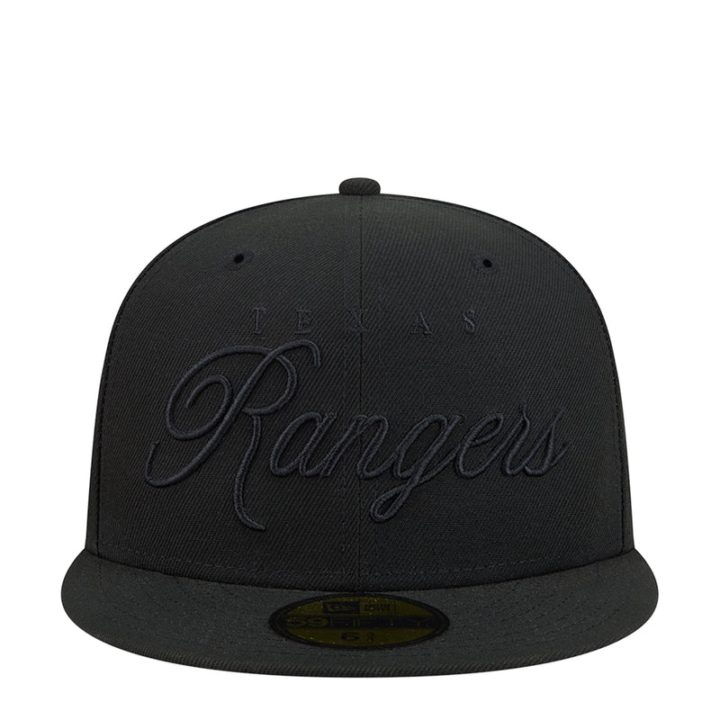 Black baseball cap with large Rangers script on front and flat brim