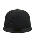Black baseball cap with large Rangers script on front and flat brim