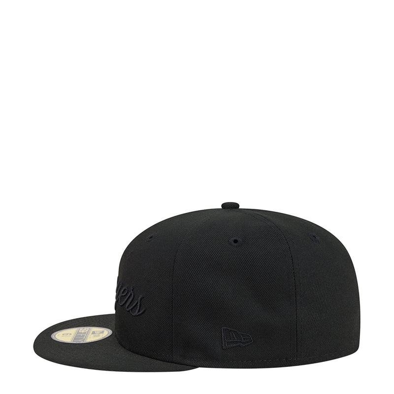 Black baseball cap with small embroidered logo on side and flat brim