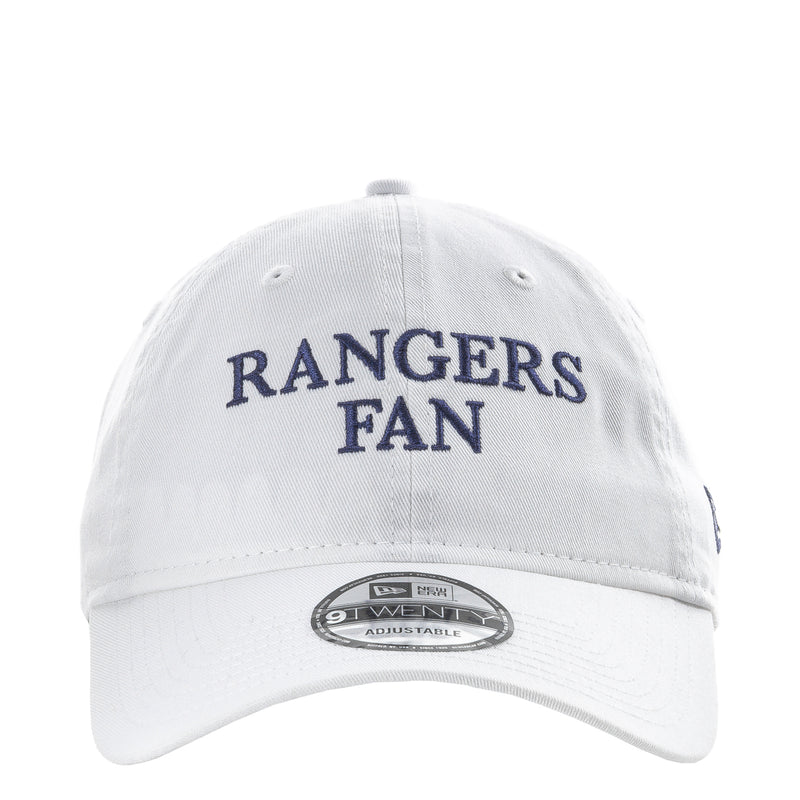 White adjustable baseball cap with 'RANGERS FAN' embroidery on front