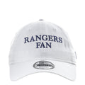 White adjustable baseball cap with 'RANGERS FAN' embroidery on front