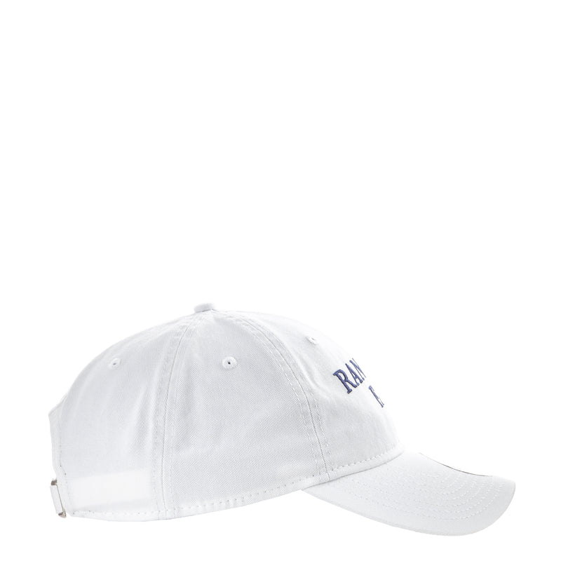 White baseball cap side view with partial 'RANGERS FAN' lettering and eyelets