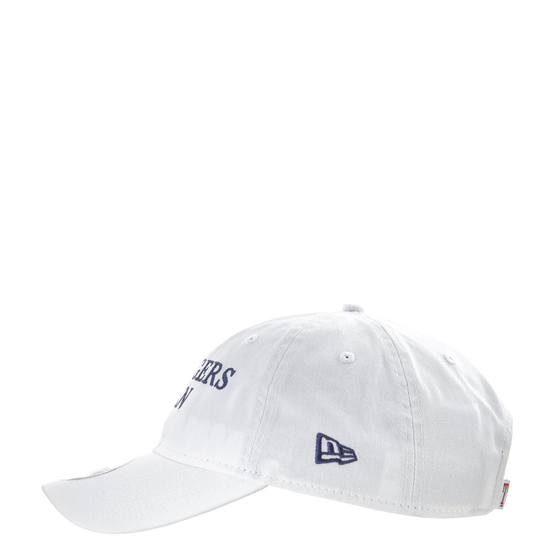 White baseball cap side view with stitched lettering and New Era logo