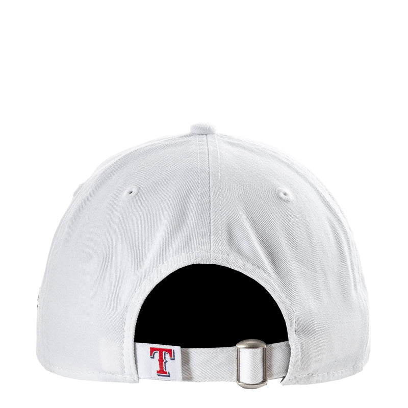 White baseball cap open back with adjustable strap and metal buckle