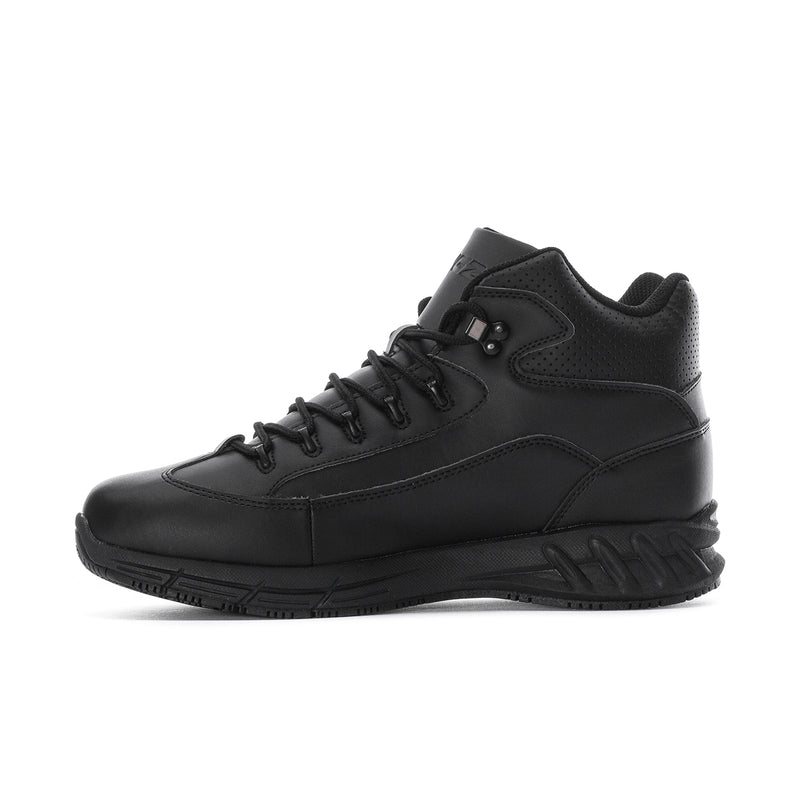 Black mid-top lace-up sneaker with stitched panels and side logo detail