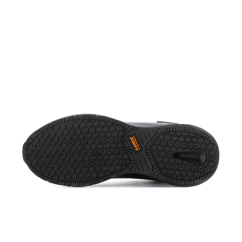 Black rubber outsole with textured traction pattern and orange logo mark