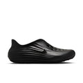 Black slip-on clog with swoosh-style emblem on side and raised wave sole pattern.
