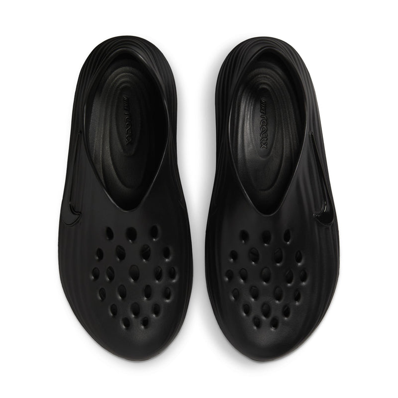 Black slip-on clog pair with perforated top openings and smooth interior collar.