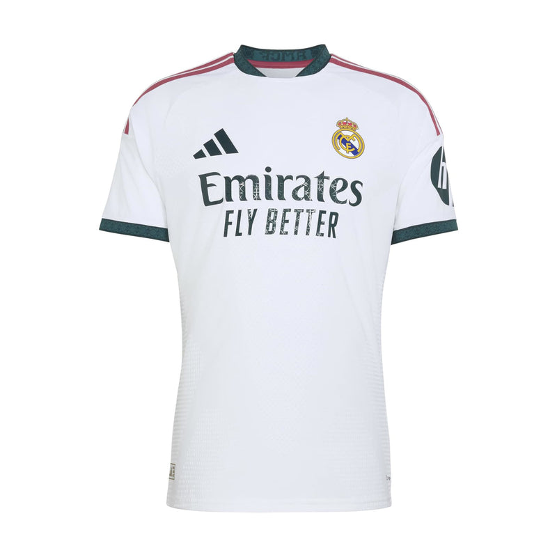 White Real Madrid home jersey for men with teal trim and red shoulder stripes