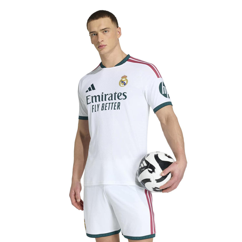 Men’s white home jersey with teal cuffs, red side stripes, and front sponsor print