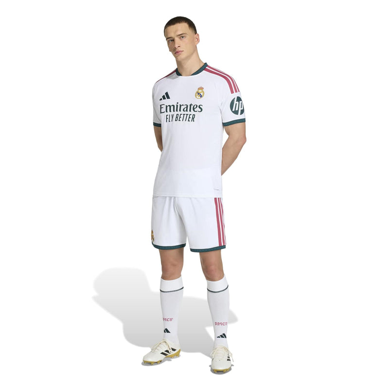 Men’s white Real Madrid home jersey with teal trim, red stripes, and club crest